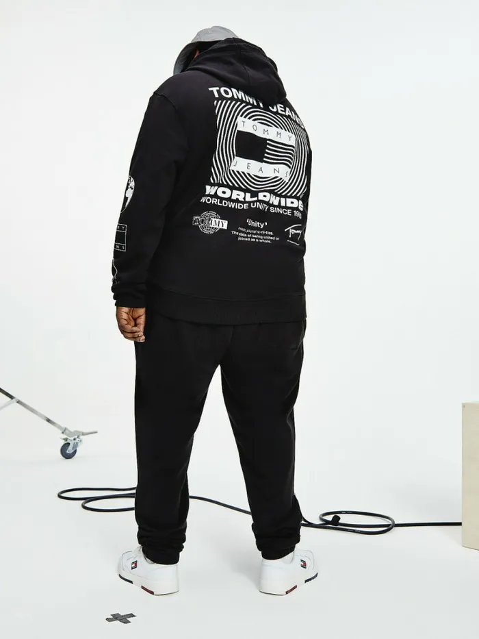 Tommy Hilfiger Plus Recycled Unity Back Graphic Hoody Black Mens Sweatshirts and Hoodies Popular
