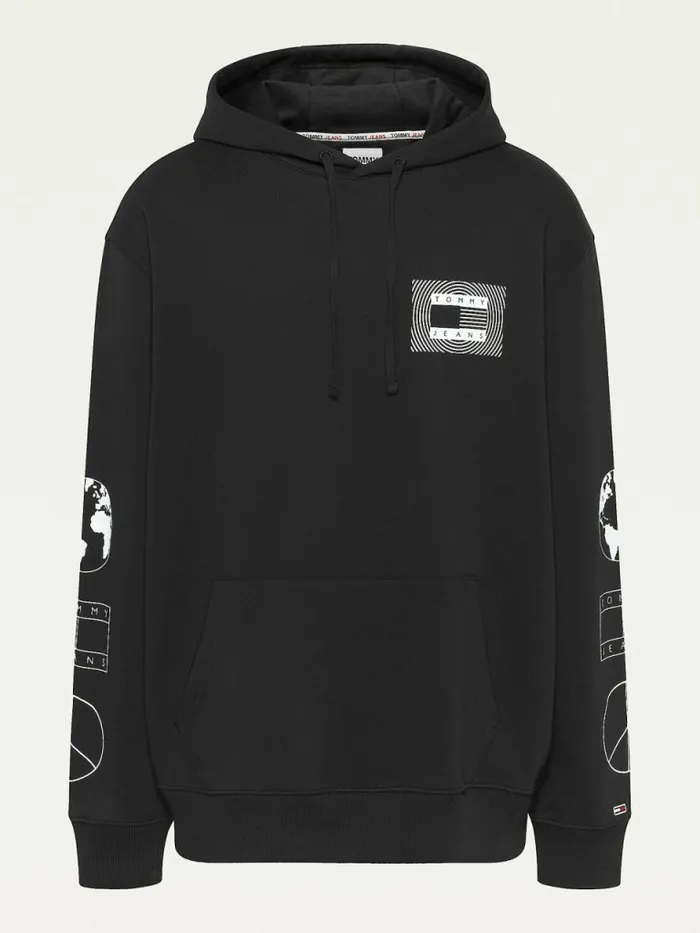 Tommy Hilfiger Plus Recycled Unity Back Graphic Hoody Black Mens Sweatshirts and Hoodies Popular