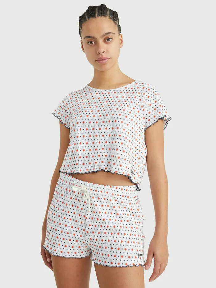 Tommy Hilfiger Pointelle Frill TShirt Ditsy Paint Floral Womens Lounge and Nightwear Tommy Hilfiger Pointelle Frill TShirt Ditsy Paint Floral Womens Lounge and Nightwear