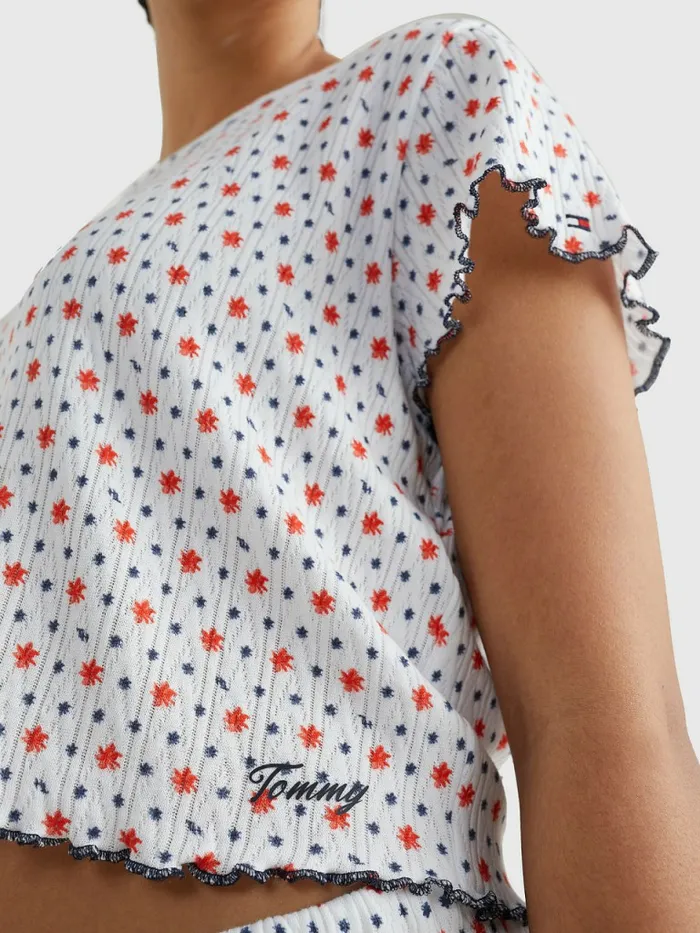 Tommy Hilfiger Pointelle Frill TShirt Ditsy Paint Floral Womens Lounge and Nightwear