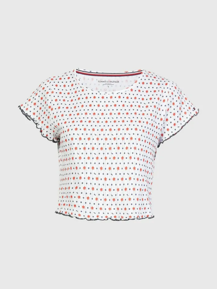 Tommy Hilfiger Pointelle Frill TShirt Ditsy Paint Floral Womens Lounge and Nightwear