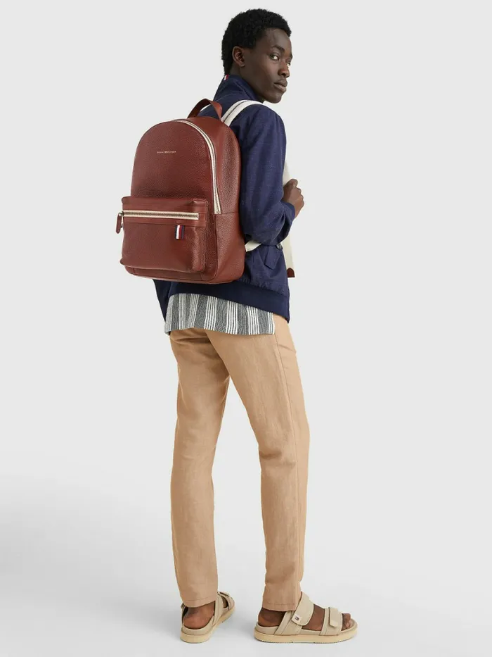 Tommy Hilfiger Premium Pebble Grain Leather Backpack British Tan Mens Bags Online