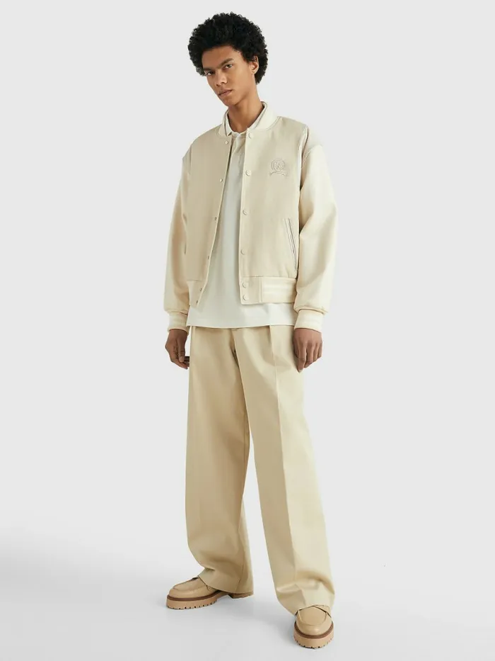 Tommy Hilfiger Prep Crest Mixed Texture Varsity Jacket Classic BeigeDesert Sand Dune Mens Coats and Jackets Casaul