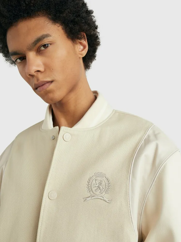 Tommy Hilfiger Prep Crest Mixed Texture Varsity Jacket Classic BeigeDesert Sand Dune Mens Coats and Jackets Casaul