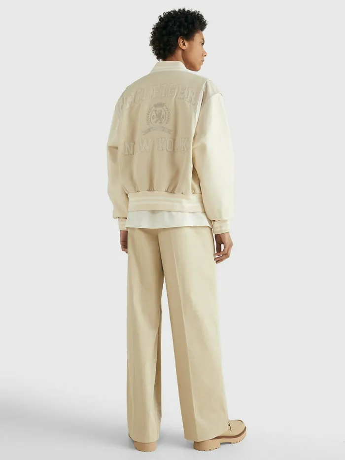 Tommy Hilfiger Prep Crest Mixed Texture Varsity Jacket Classic BeigeDesert Sand Dune Mens Coats and Jackets Casaul