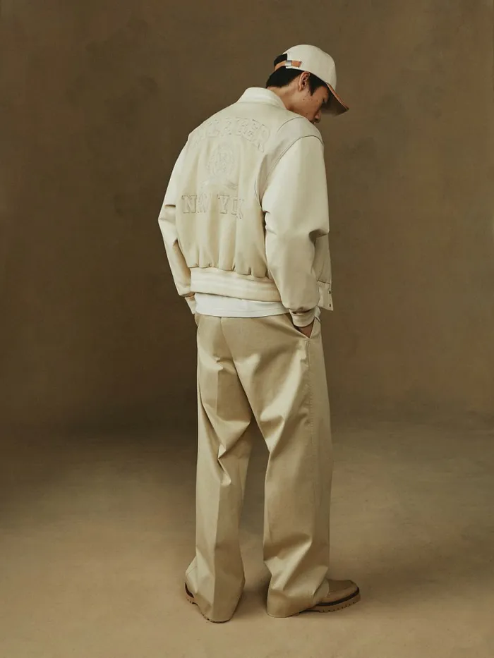 Tommy Hilfiger Prep Crest Mixed Texture Varsity Jacket Classic BeigeDesert Sand Dune Mens Coats and Jackets Casaul