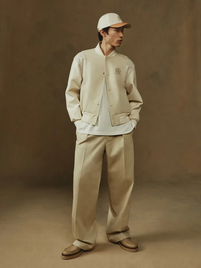 Tommy Hilfiger Prep Crest Mixed Texture Varsity Jacket Classic BeigeDesert Sand Dune Mens Coats and Jackets Casaul