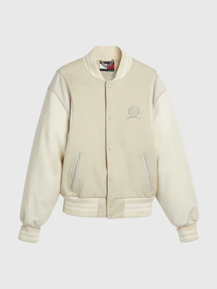 Tommy Hilfiger Prep Crest Mixed Texture Varsity Jacket Classic BeigeDesert Sand Dune Mens Coats and Jackets Casaul