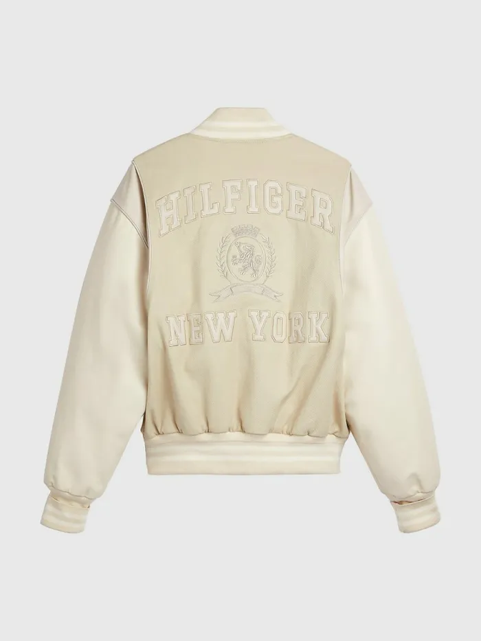 Tommy Hilfiger Prep Crest Mixed Texture Varsity Jacket Classic BeigeDesert Sand Dune Mens Coats and Jackets Casaul