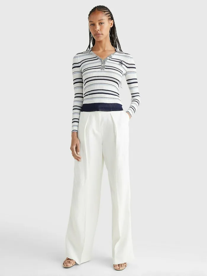 Tommy Hilfiger Prep Slim Fit Stripe Polo Sweater Navy Ecru Ivory Mid Blue Stripe Womens Polo Shirts Cheap On Sale