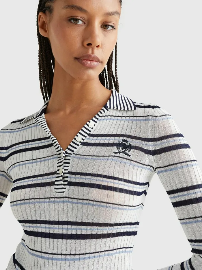 Tommy Hilfiger Prep Slim Fit Stripe Polo Sweater Navy Ecru Ivory Mid Blue Stripe Womens Polo Shirts Cheap On Sale