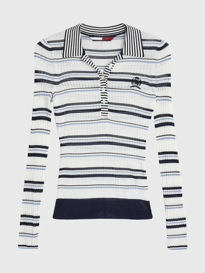 Tommy Hilfiger Prep Slim Fit Stripe Polo Sweater Navy Ecru Ivory Mid Blue Stripe Womens Polo Shirts Cheap On Sale