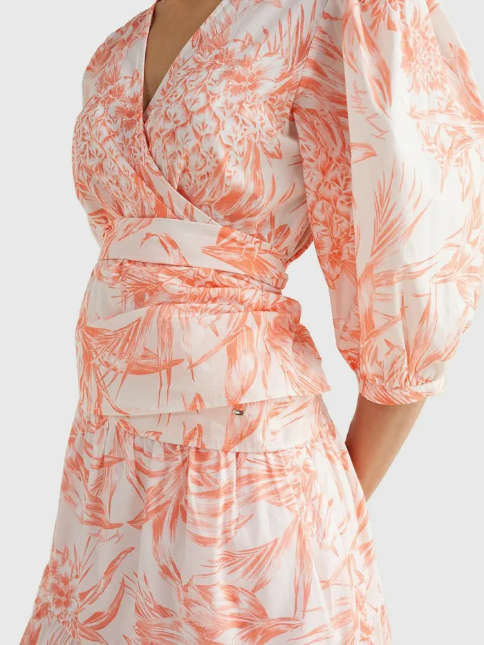 Tommy Hilfiger Print Regular Fit Wrap Blouse Pineapple IslandSunset Peach Womens Shirts and Blouses Cheap On Sale
