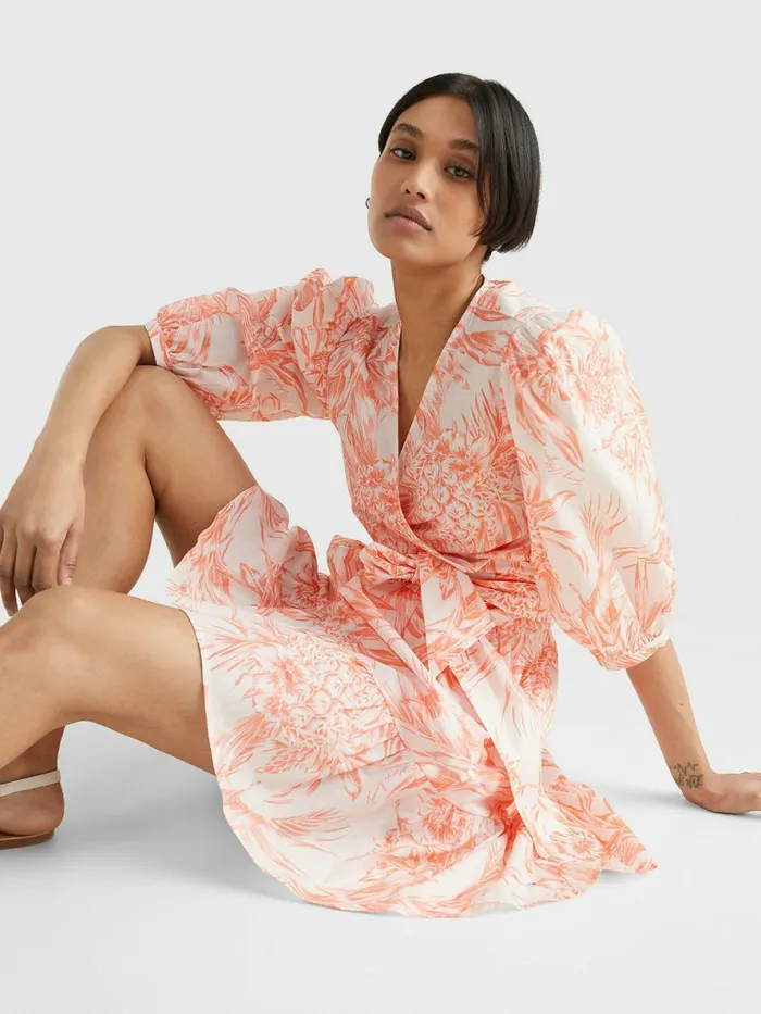 Tommy Hilfiger Print Regular Fit Wrap Blouse Pineapple IslandSunset Peach Womens Shirts and Blouses Cheap On Sale