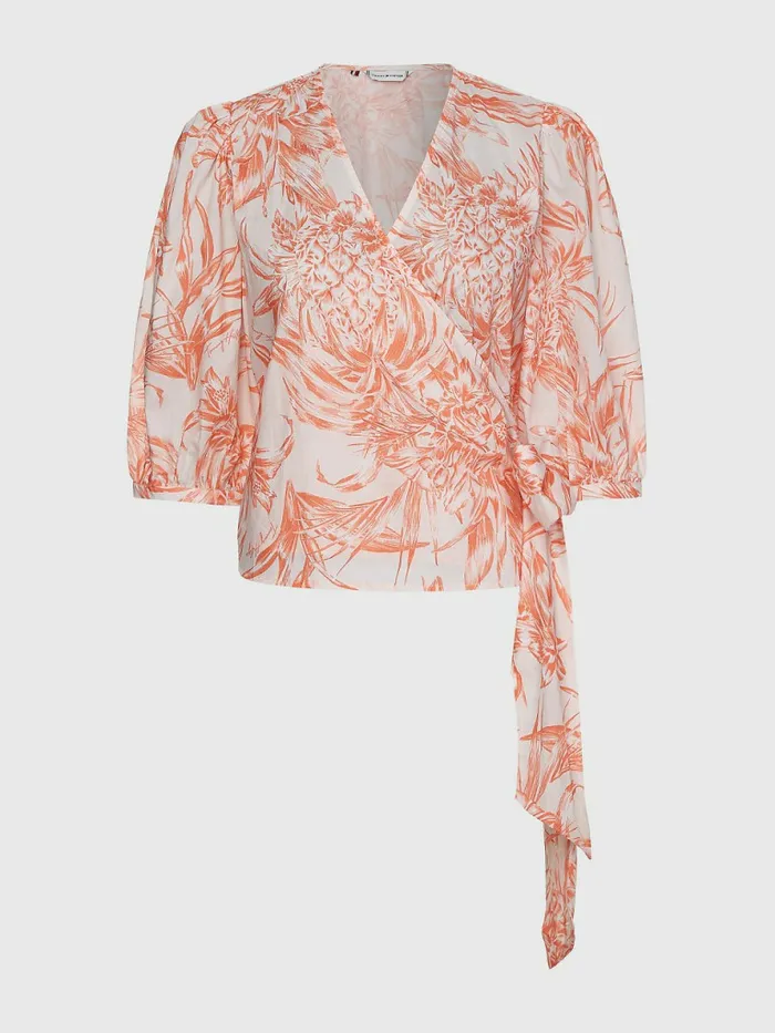 Tommy Hilfiger Print Regular Fit Wrap Blouse Pineapple IslandSunset Peach Womens Shirts and Blouses Cheap On Sale