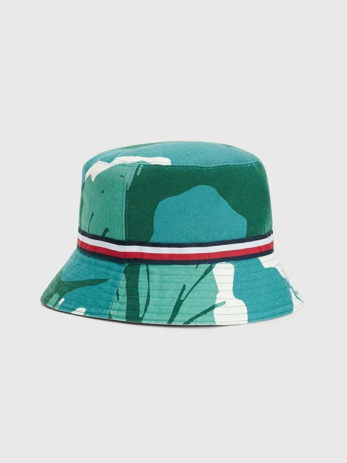 Tommy Hilfiger Print Reversible Bucket Hat Palm PrintMint Essence Mens Hats and Scarves Casaul