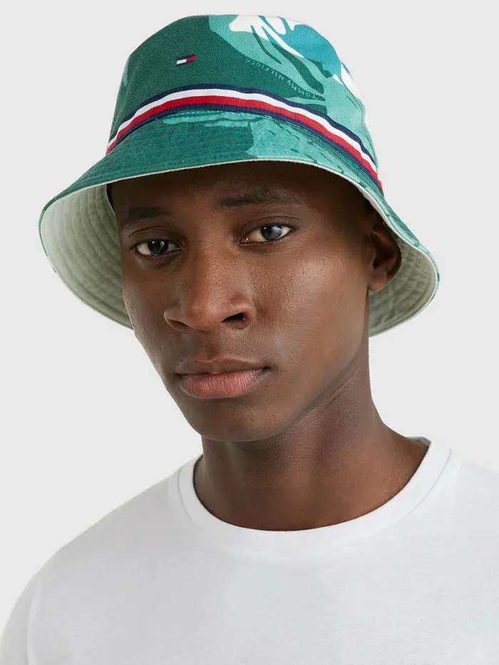 Tommy Hilfiger Print Reversible Bucket Hat Palm PrintMint Essence Mens Hats and Scarves Casaul