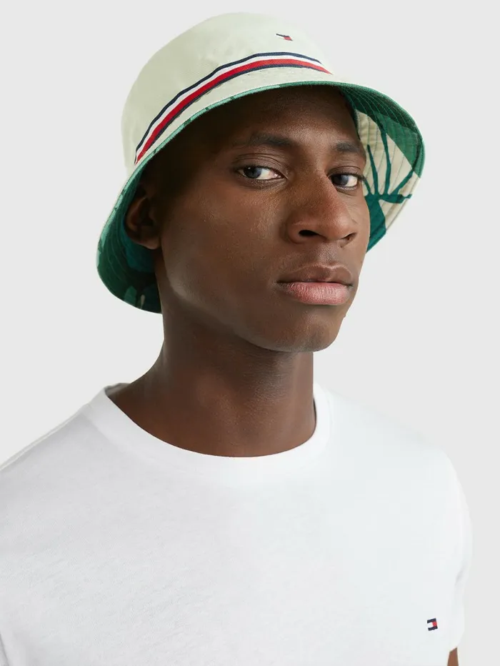 Tommy Hilfiger Print Reversible Bucket Hat Palm PrintMint Essence Mens Hats and Scarves Casaul