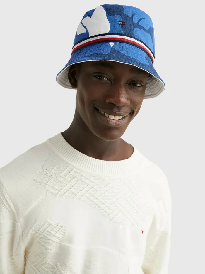 Tommy Hilfiger Print Reversible Bucket Hat Palm PrintOff White Mens Hats and Scarves Casaul