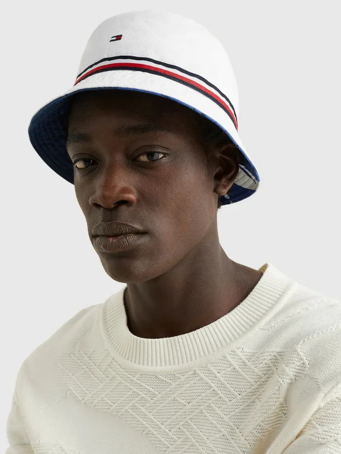 Tommy Hilfiger Print Reversible Bucket Hat Palm PrintOff White Mens Hats and Scarves Casaul