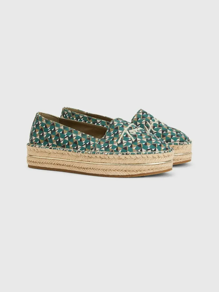 Tommy Hilfiger Printed Signature Logo Espadrilles Island Geo Green Womens Flat Shoes Fashion Tommy Hilfiger Printed Signature Logo Espadrilles Island Geo Green Womens Flat Shoes Fashion