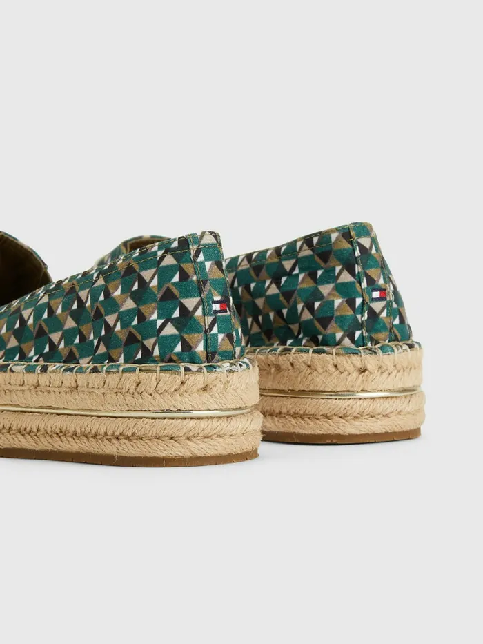 Tommy Hilfiger Printed Signature Logo Espadrilles Island Geo Green Womens Flat Shoes Fashion