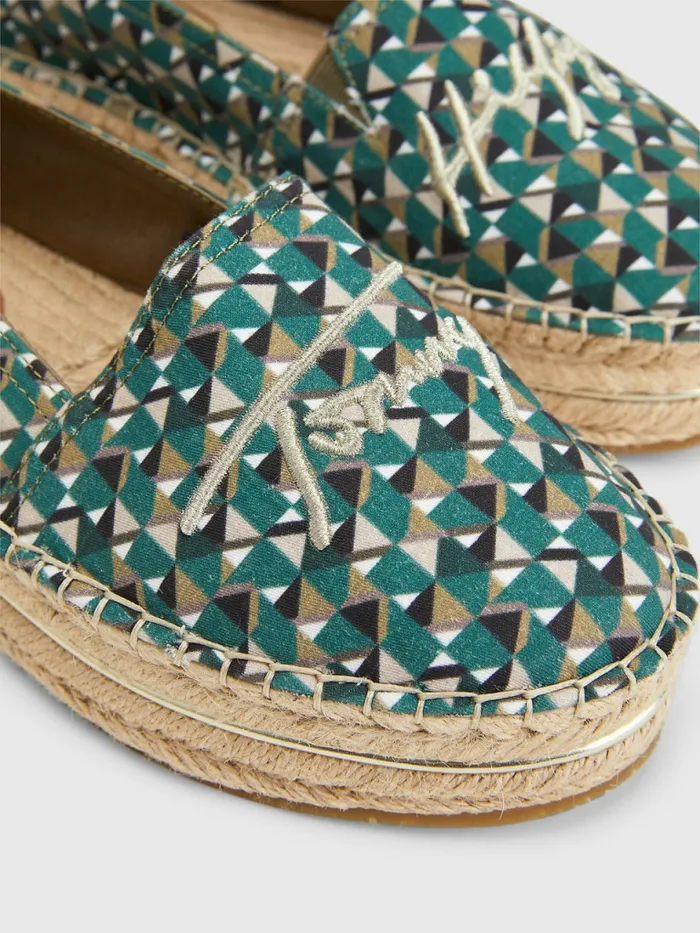 Tommy Hilfiger Printed Signature Logo Espadrilles Island Geo Green Womens Flat Shoes Fashion
