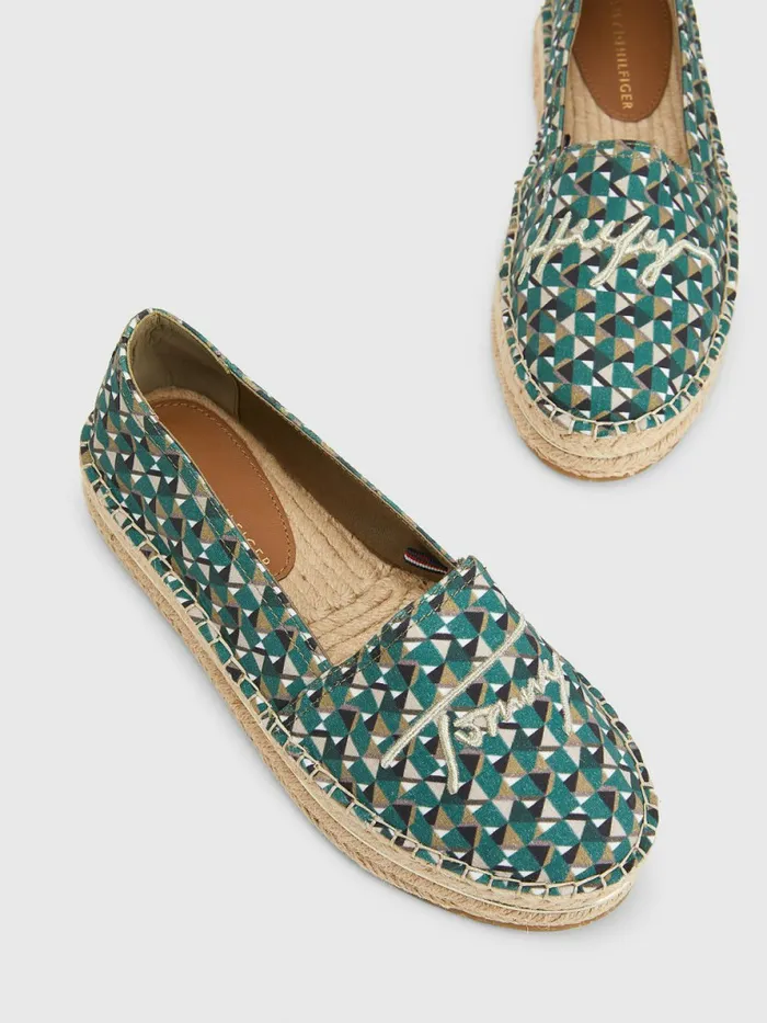 Tommy Hilfiger Printed Signature Logo Espadrilles Island Geo Green Womens Flat Shoes Fashion