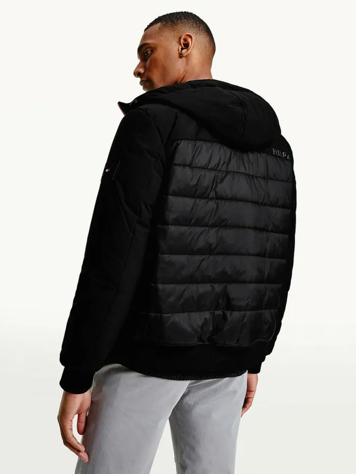 Tommy Hilfiger Quilted Panel Hooded Jacket Black Mens Coats and Jackets On Sale