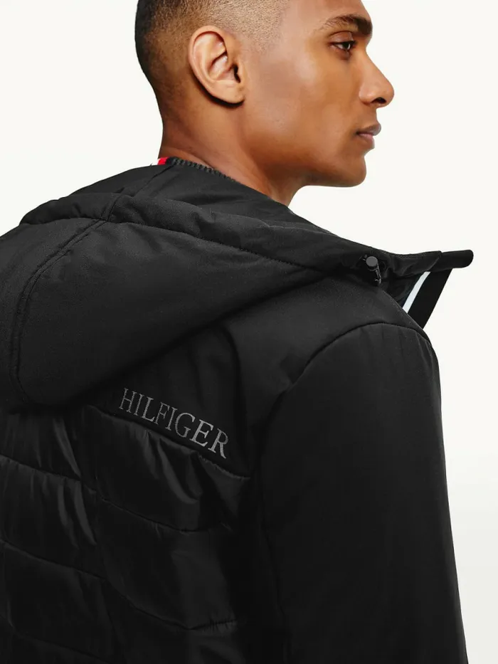 Tommy Hilfiger Quilted Panel Hooded Jacket Black Mens Coats and Jackets On Sale