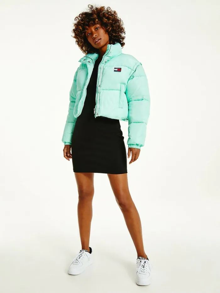 Tommy Hilfiger Recycled Convertible Cropped Vest Puffer Jacket Clear Lagoon Womens Coats and Jackets Fashion