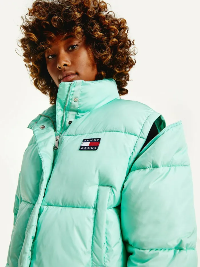 Tommy Hilfiger Recycled Convertible Cropped Vest Puffer Jacket Clear Lagoon Womens Coats and Jackets Fashion