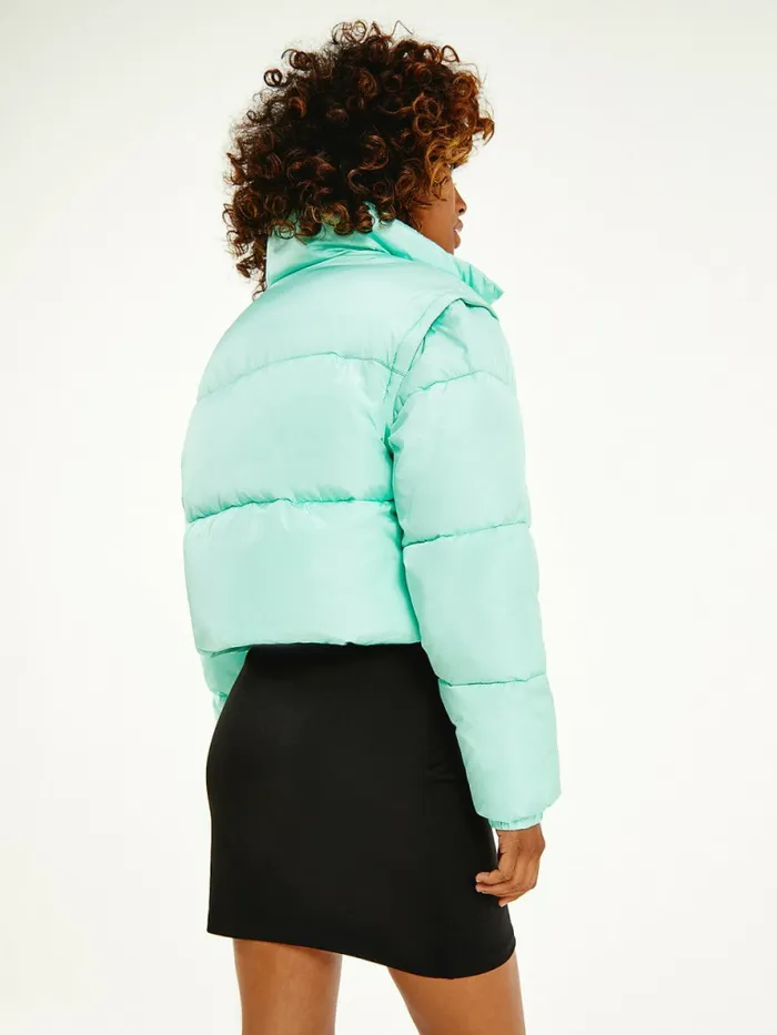 Tommy Hilfiger Recycled Convertible Cropped Vest Puffer Jacket Clear Lagoon Womens Coats and Jackets Fashion
