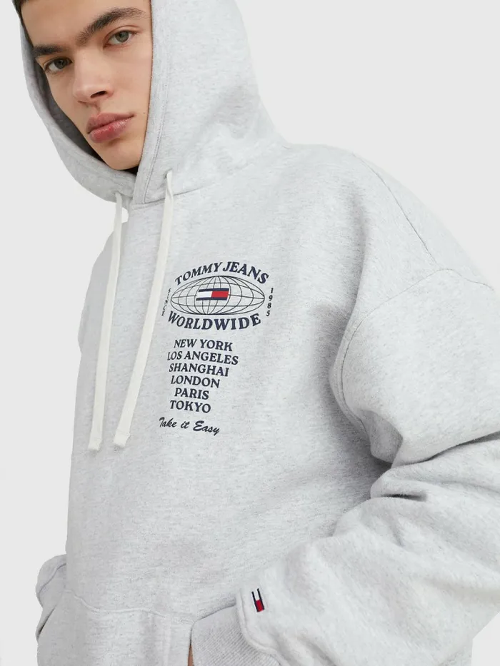 Tommy Hilfiger Recycled Logo Hoody Silver Grey Htr Mens Sweatshirts and Hoodies Casaul