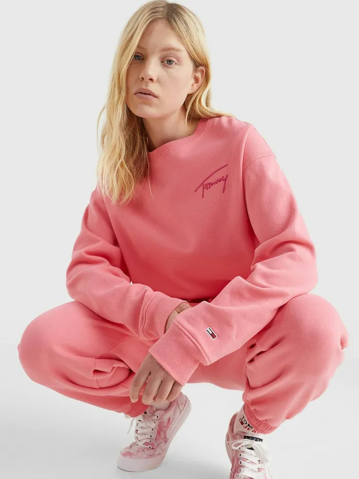 Tommy Hilfiger Recycled Signature Logo Cropped Sweatshirt Garden Rose Womens Sweatshirts and Hoodies Casaul