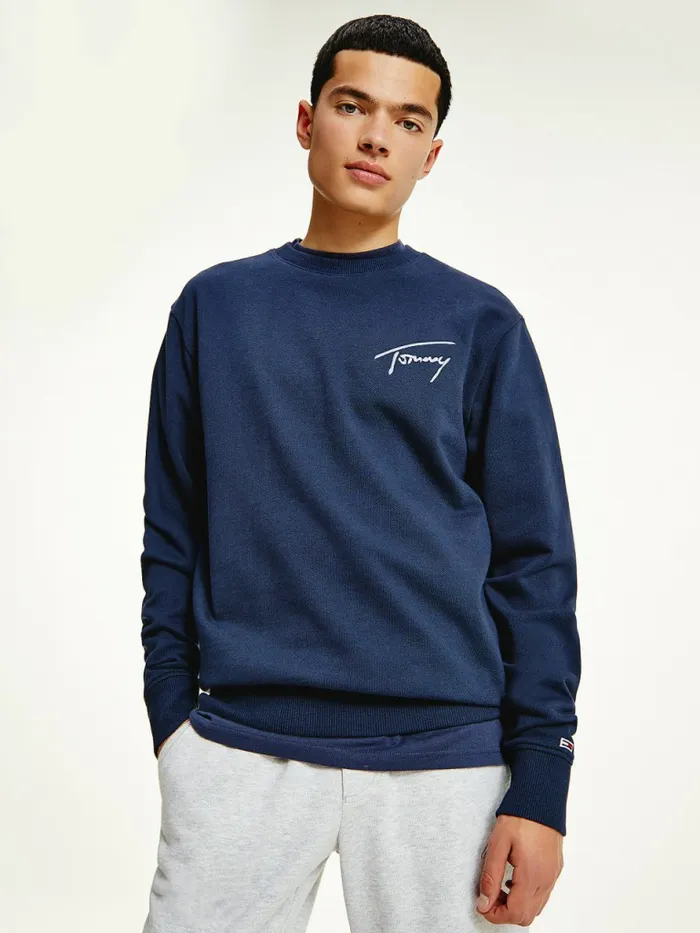 Tommy Hilfiger Recycled Signature Logo Relaxed Sweatshirt Twilight Navy Mens Sweatshirts and Hoodies For Sale Tommy Hilfiger Recycled Signature Logo Relaxed Sweatshirt Twilight Navy Mens Sweatshirts and Hoodies For Sale