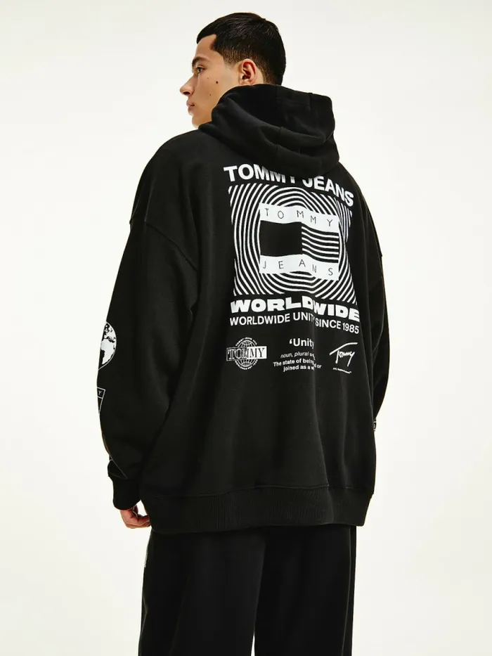 Tommy Hilfiger Recycled Unity Back Graphic Hoody Black Mens Sweatshirts and Hoodies On Sale