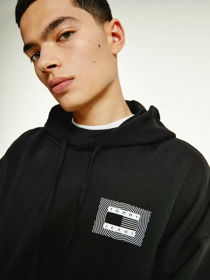 Tommy Hilfiger Recycled Unity Back Graphic Hoody Black Mens Sweatshirts and Hoodies On Sale