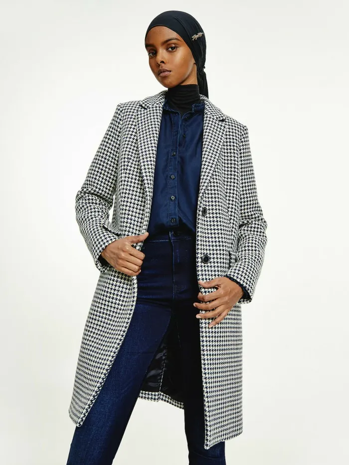 Tommy Hilfiger Recycled Wool Blend Houndstooth Coat Small HoundstoothDesert Sky Ecru Womens Coats and Jackets On Sale