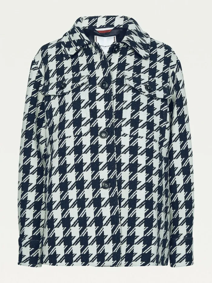 Tommy Hilfiger Recycled Wool Blend Houndstooth Shacket Ow Mid HoundstoothDsrt SkyEcru Womens Coats and Jackets Popular