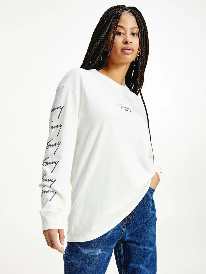 Tommy Hilfiger Relaxed Fit Long Sleeve Ombre TShirt Snow White Womens TShirts Popular Tommy Hilfiger Relaxed Fit Long Sleeve Ombre TShirt Snow White Womens TShirts Popular