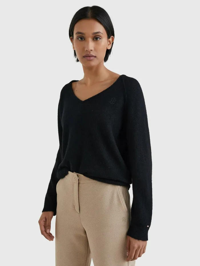 Tommy Hilfiger Relaxed Fit VNeck Jumper Black Womens Knitwear Gift for Friend Tommy Hilfiger Relaxed Fit VNeck Jumper Black Womens Knitwear Gift for Friend