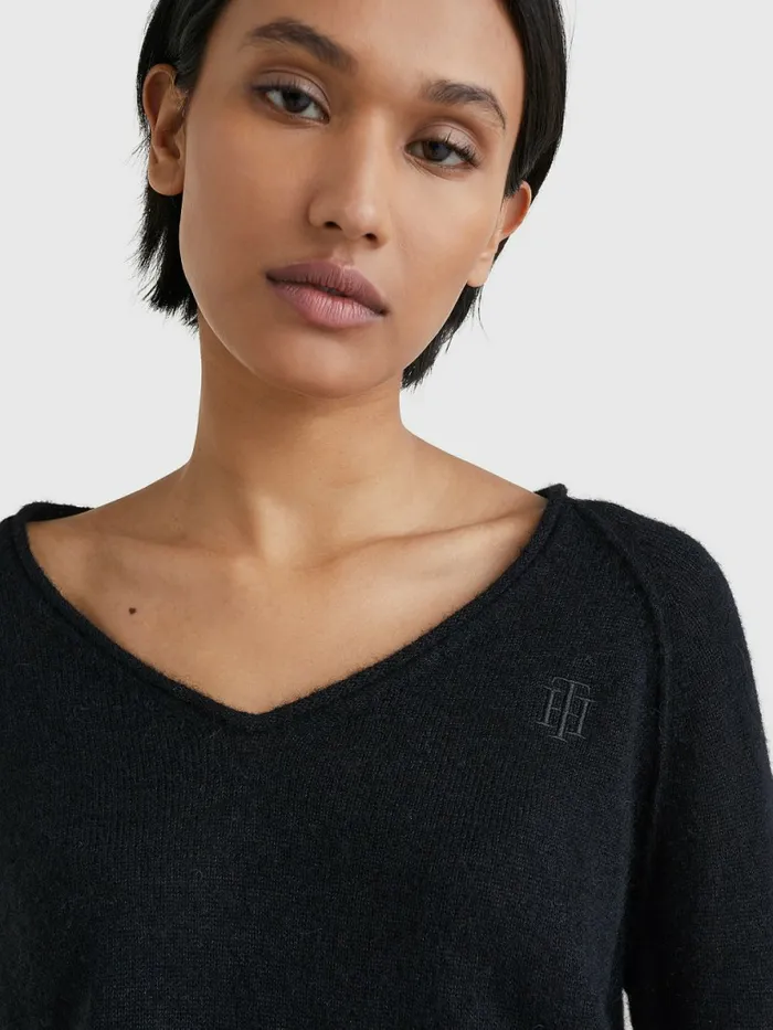 Tommy Hilfiger Relaxed Fit VNeck Jumper Black Womens Knitwear Gift for Friend