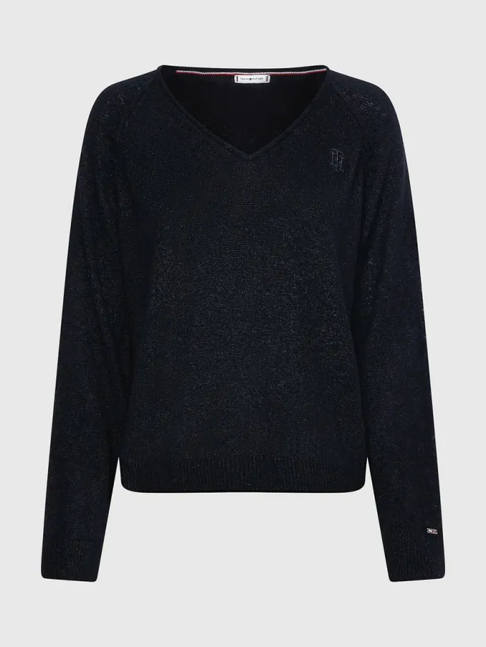 Tommy Hilfiger Relaxed Fit VNeck Jumper Black Womens Knitwear Gift for Friend