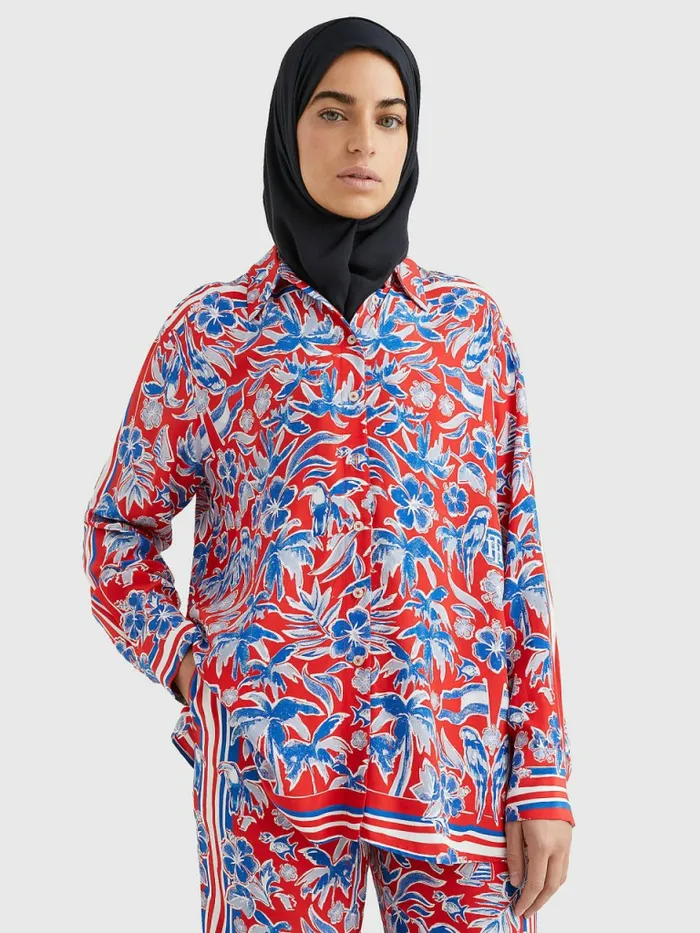 Tommy Hilfiger Relaxed Scarf Print Blouse Island Scarf Red Womens CoOrds