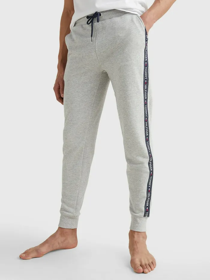 Tommy Hilfiger Repeat Logo Tape Joggers Grey Heather Mens Loungewear and Nightwear Tommy Hilfiger Repeat Logo Tape Joggers Grey Heather Mens Loungewear and Nightwear