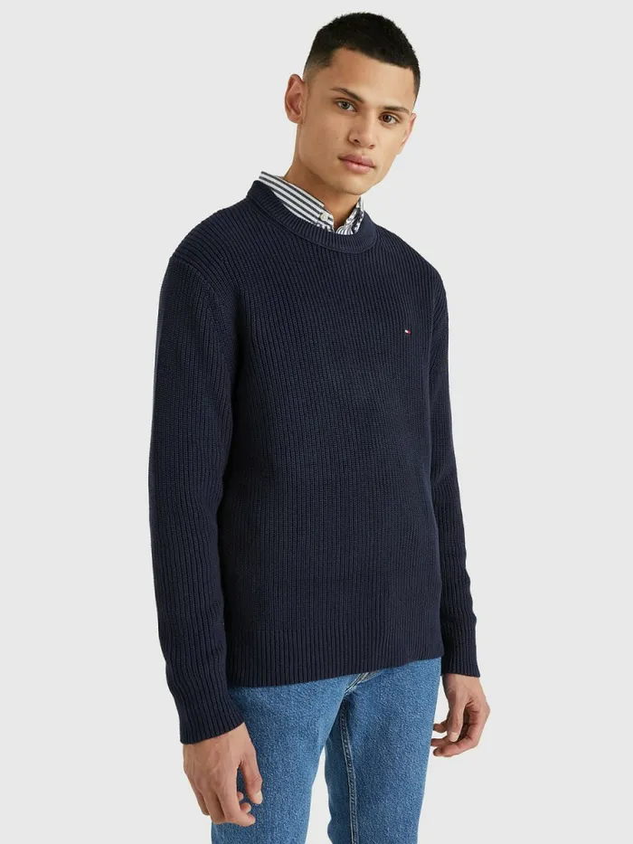 Tommy Hilfiger Ribbed Crew Neck Relaxed Fit Jumper Desert Sky Mens Knitwear Fashion Tommy Hilfiger Ribbed Crew Neck Relaxed Fit Jumper Desert Sky Mens Knitwear Fashion