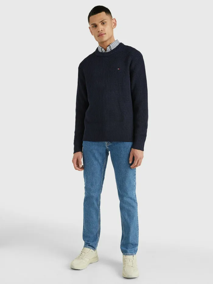 Tommy Hilfiger Ribbed Crew Neck Relaxed Fit Jumper Desert Sky Mens Knitwear Fashion