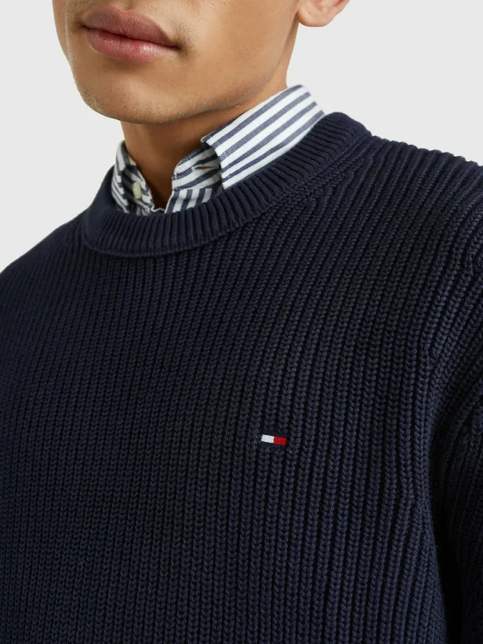 Tommy Hilfiger Ribbed Crew Neck Relaxed Fit Jumper Desert Sky Mens Knitwear Fashion
