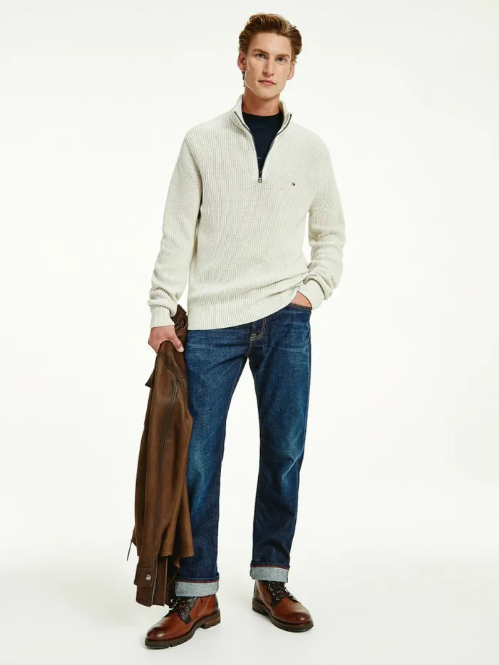 Tommy Hilfiger Ribbed HalfZip Relaxed Fit Jumper Alabaster Mens Knitwear Online Tommy Hilfiger Ribbed HalfZip Relaxed Fit Jumper Alabaster Mens Knitwear Online